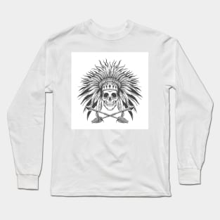 Skull in Indian War Bonnet and Arrows Tattoo Long Sleeve T-Shirt